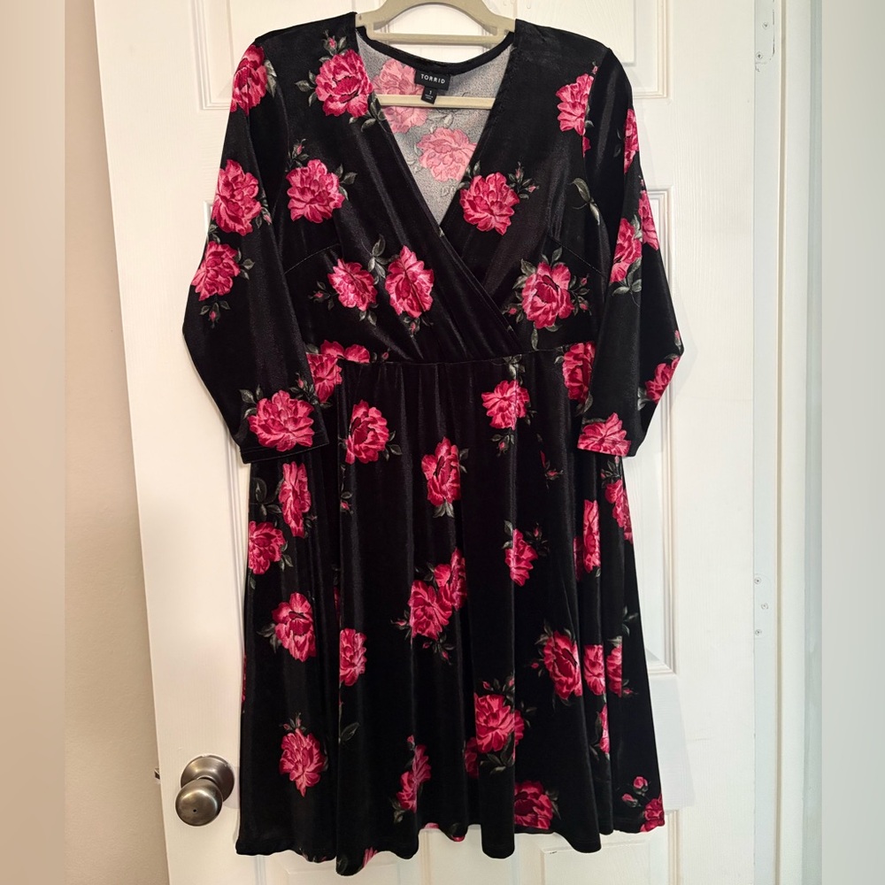 Torrid Black Velvet Dress with Pink Rose Print